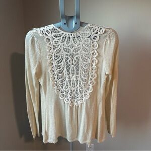 Anthropologie Knitted & Knotted Lace Back Cardigan Linen Cream Romantic Boho M